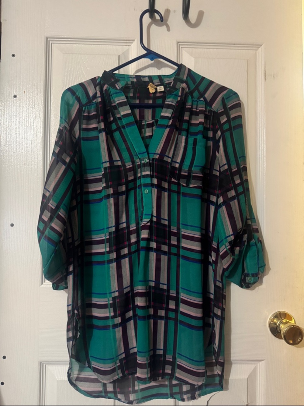 Plaid V-Neck Roll-Sleeve Women's Top in Teal